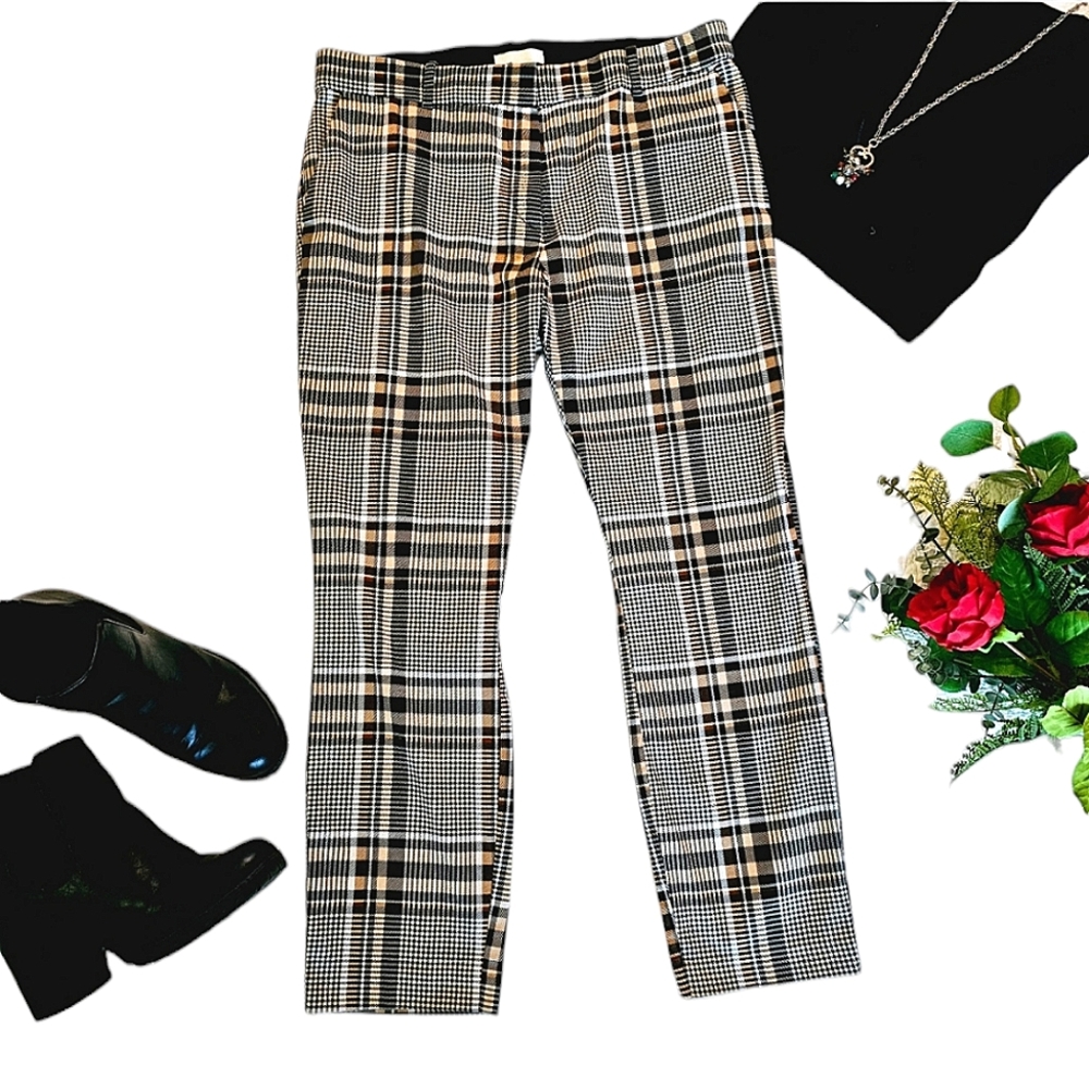 H&M Women's Dress Pants Size 14 Plaid Black Brown Ankle Fitted Trousers Office